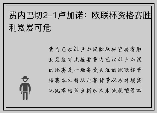 费内巴切2-1卢加诺：欧联杯资格赛胜利岌岌可危